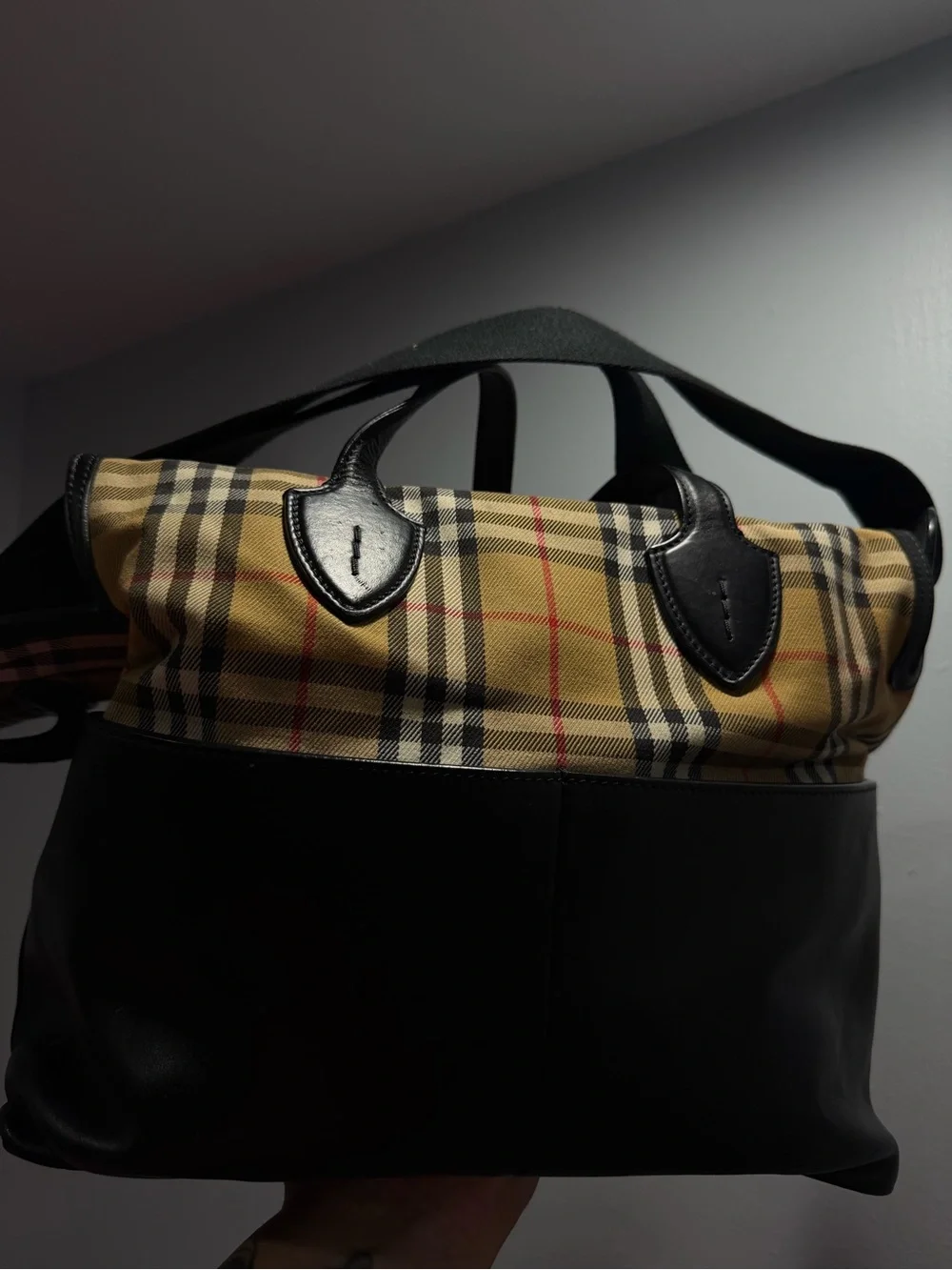 Burberry Black Leather and Beige Checked Duffel Bag